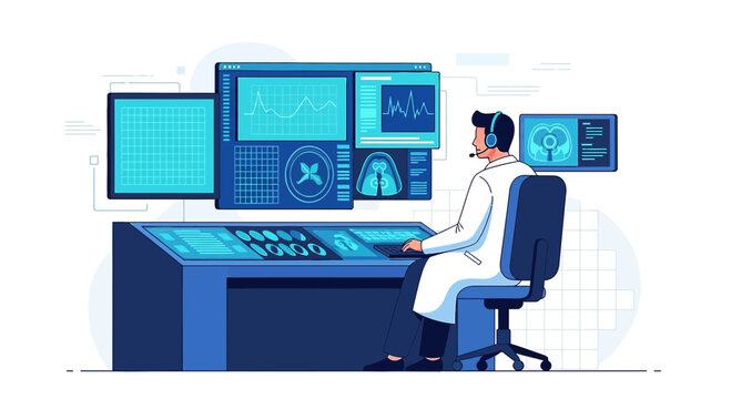 Doctor in Control Room Analyzing Medical Scans on Futuristic Digital Displays