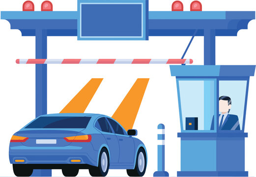 Toll gate car icons illustration set, generic transportation vehicle driving through highway payment station for road graphics.
