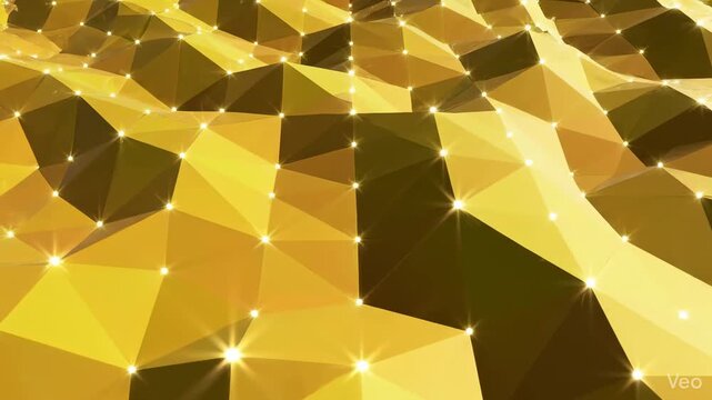 Luxurious Golden Low Poly Surface with Glowing Vertices and Metallic Reflections ideal for high-end technology backgrounds and premium corporate presentations.