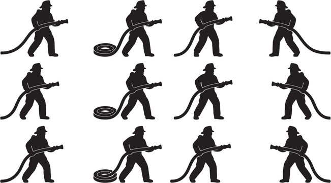 Silhouettes of firefighters with hoses.