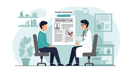 Fototapeta premium Doctor discussing treatment plan with patient in clinic, patient education concept
