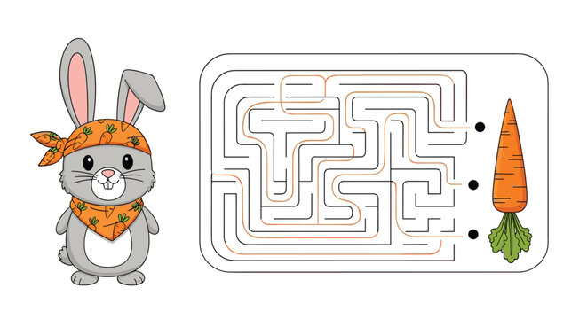 Childrens educational activity worksheet featuring a cute bunny character and a maze puzzle to help it reach the orange carrot.