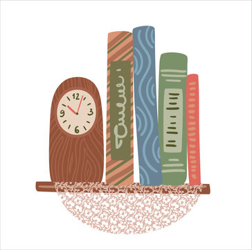 Shelf with books and clock. Cottage Core. Vector isolated illustration. Design element