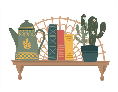 Shelf with books, teapot and succulents. Cottage Core. Vector isolated illustration. Design element