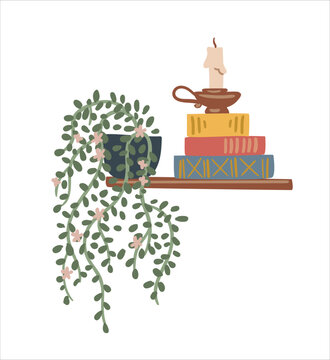 Shelf with books, houseplant and candle. Cottage Core. Vector isolated illustration. Design element