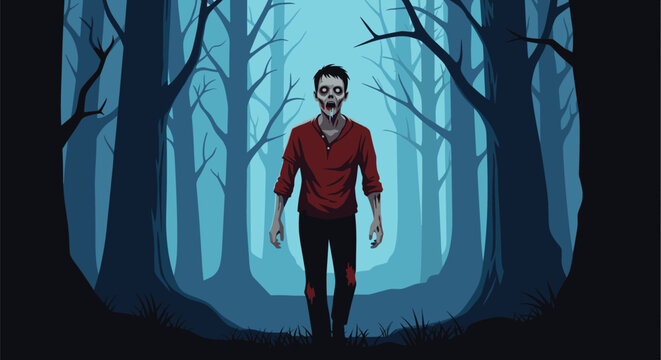 Creepy zombie with glowing eyes walking towards the viewer in a dark, misty blue forest with bare trees at night.