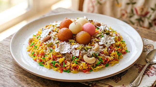 Traditional South Asian Mutanjan Sweet Rice Platter with Gulab Jamun and Silver Vark
