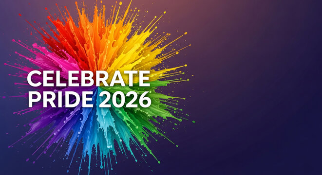 Rainbow paint splatter bursts, symbolizing diversity, celebration, and inclusivity for Pride events, with space for text.