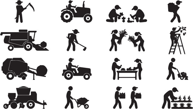 Construction workers with machines and tools.