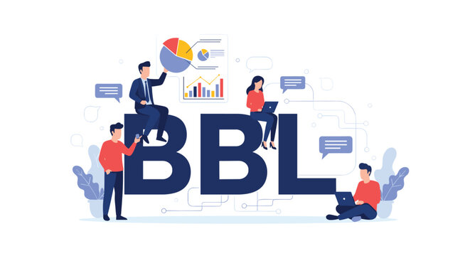 Diverse business team analyzes financial growth data and colorful charts near large BBL letters in a flat vector illustration.
