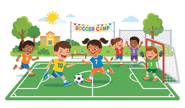 Cute kids playing soccer vector illustration on sports court with summer camp outdoor activity in modern flat cartoon style isolated on white background