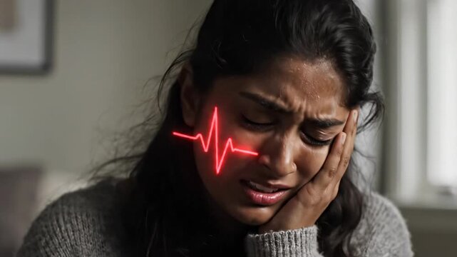 Woman experiencing sudden pain with heartbeat pulse overlay indicating discomfort