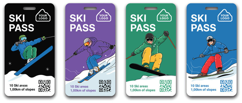 Ski pass cards illustration set, generic mountain lift admission tickets with skier snowboarder and qr code design elements.