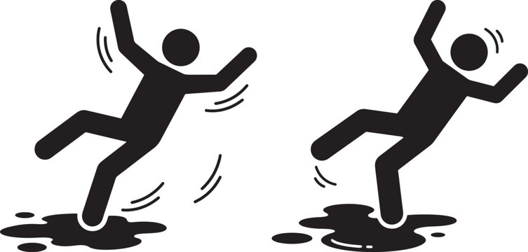 Two black silhouette icons of people slipping on a wet surface falling and risk of injury concept wet floor stick figure