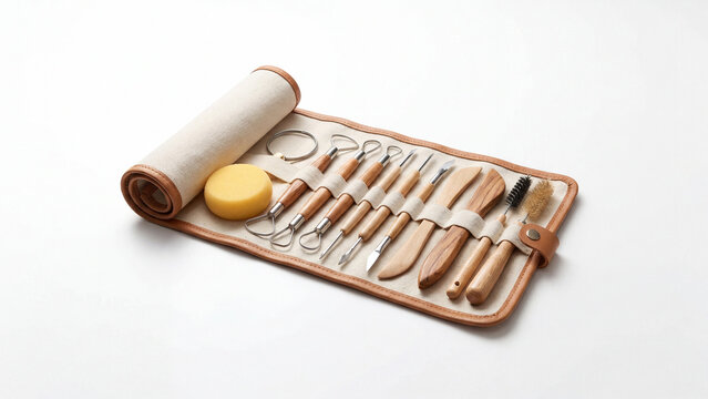 Pottery tools assortment displayed in a rolled up canvas case on white background