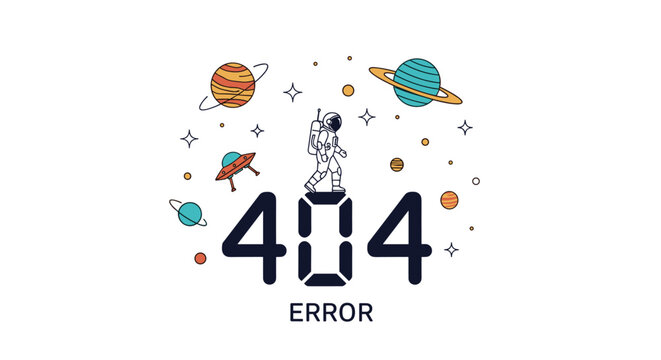 Creative 404 error page design featuring a lonely astronaut walking through a cosmic space background with planets.