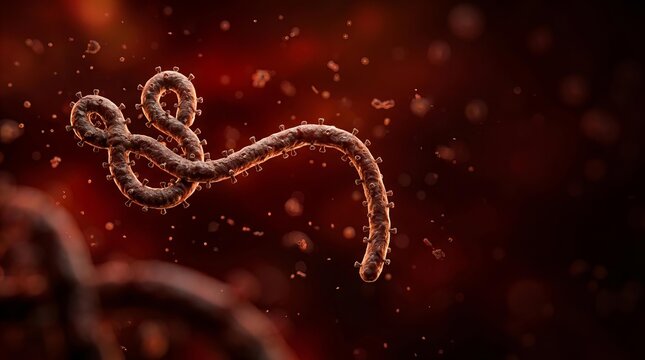 Ebola virus particles with spikes on surface in dark red background