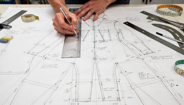 Manual drafting of multipanel protective coverall patterns on large drafting paper highlighting hands skillfully drawing detailed seam lines and measurements.