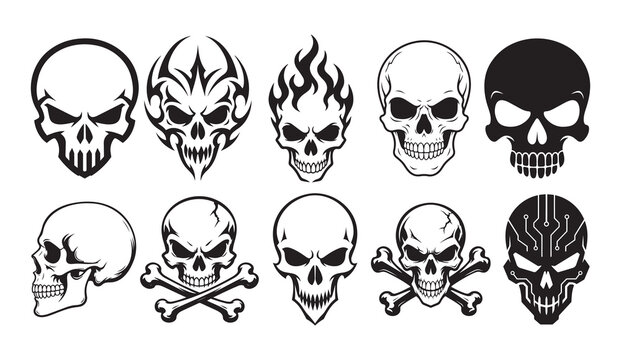 Creative skull illustration set featuring gothic black silhouettes, skeleton symbols, and edgy tattoo inspired designs. Modern vector collection ideal for gaming, branding, apparel, stickers, logos, p