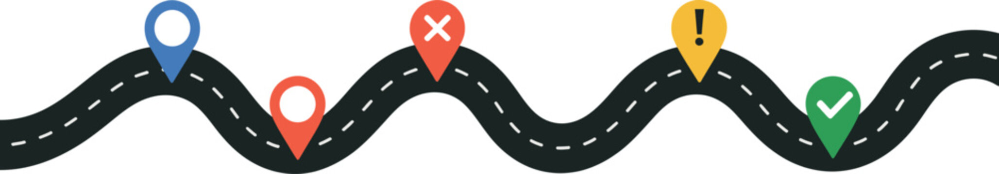 Roadmap location icons illustration set, generic start error warning and success pins for project planning and navigation design.