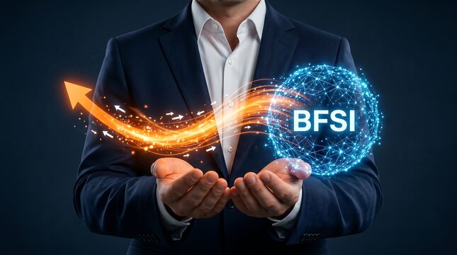 BFSI financial services executive presenting digital transformation strategy for banking growth, showcasing innovative FinTech solutions and secure data network connectivity.