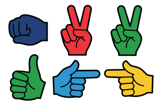 Foam hand gestures icons illustration set, generic colorful stylized hands with cheering and pointing signs for event graphics.