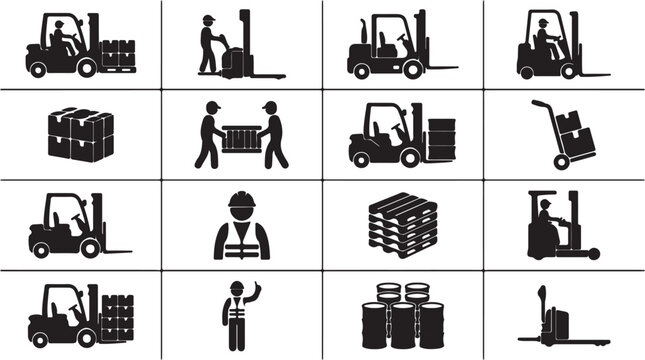 Industrial workers with forklifts and pallets.