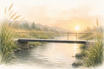 Fototapeta premium Tranquil sunset bridge over a serene river nature scene watercolor illustration peaceful landscape captured moment