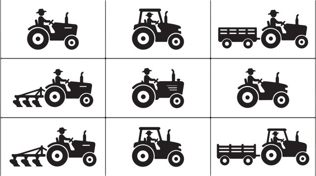Tractors in various farm equipment configurations.