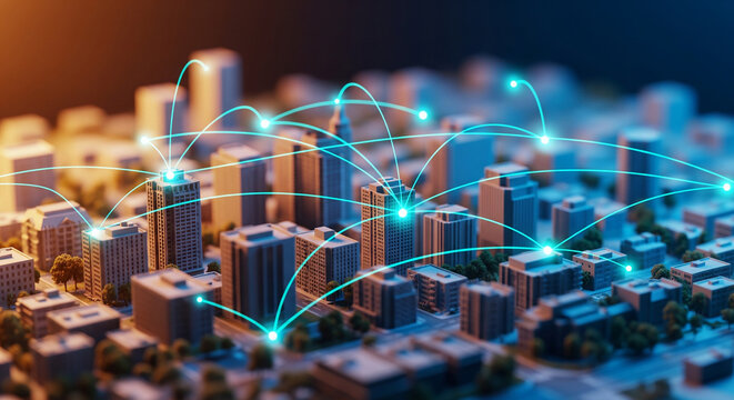 Abstract glowing network lines overlaying a modern miniature city model, perfect for smart infrastructure and tech concepts