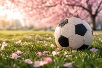 Fototapeta premium Soccer ball lying on green grass covered with fallen pink cherry blossom petals in spring sunlight