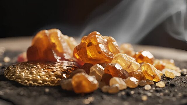 Closeup of Amber Resin Crystals on a Textured Surface.