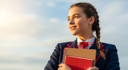 Obraz premium Cheerful young schoolgirl looking towards a bright future under a warm sunny sky, perfect for educational inspiration concepts