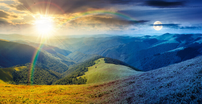 panorama of mountainous landscape. day meet night. wide view of cloudy sky with sun and moon in harmony over the grassy slope of a mountain ridge. epic summer solstice. adventure tourism in highland