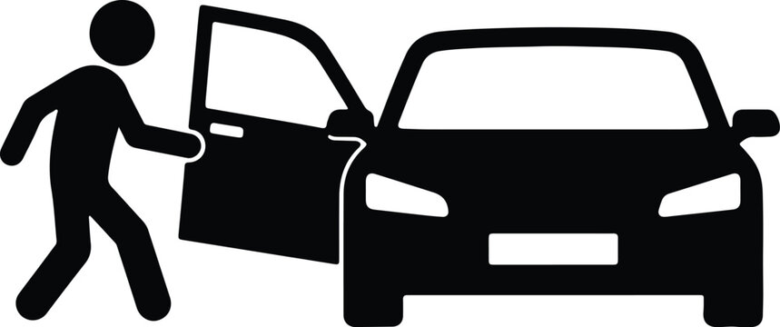 Person opening car door simple black icon for transportation and travel concepts isolated on white background
