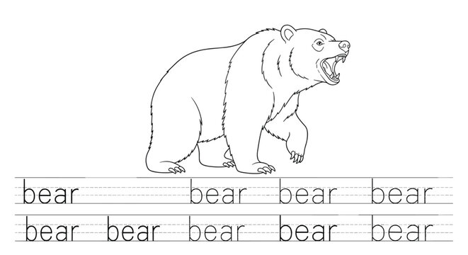 Educational tracing worksheet for children featuring a detailed line drawing of a grizzly bear with the word bear for handwriting practice.