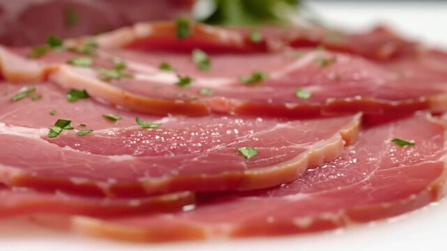 Close up view of thinly sliced prosciutto ham seasoned with fresh parsley on a white plate.