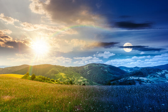 day meet night. mountainous countryside landscape on summer solstice. grassy field on a hillside. view of a forested mountain ridge in the distance. wonderful weather with cloudy sky. harmony concept