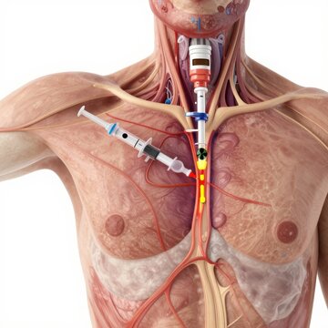 Medical procedure illustration showing injection into internal jugular vein.