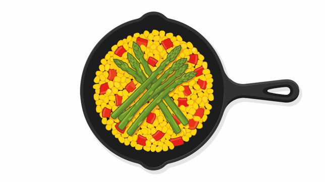 Cast iron skillet with corn red peppers and asparagus. Flat design vector illustration of healthy vegetable meal. Top view food concept