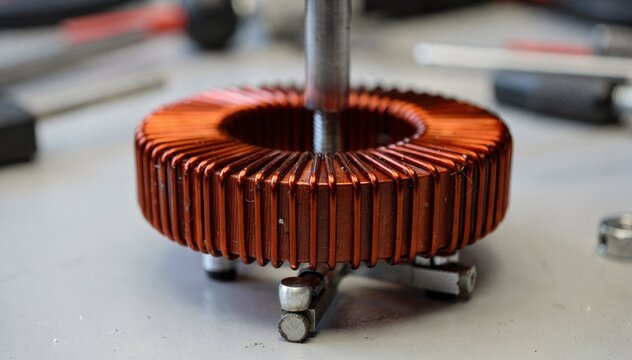 Medium frame capturing commonmode toroidal inductor core with enamel wire coils arranged on a manual winding fixture highlighting craftsmanship.