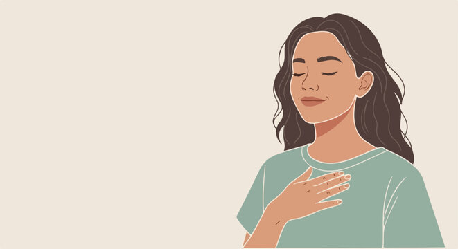 Woman touching chest with hand gesture, flat illustration style, emotional expression concept for presentations. editable vector illustration