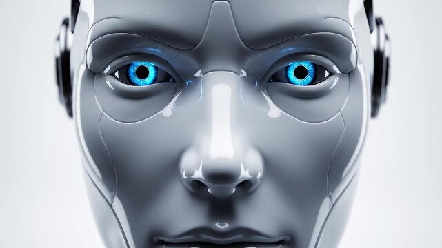 Slow zoom in on humanoid robot face focusing on glowing blue eyes and mechanical neck in white studio closeup