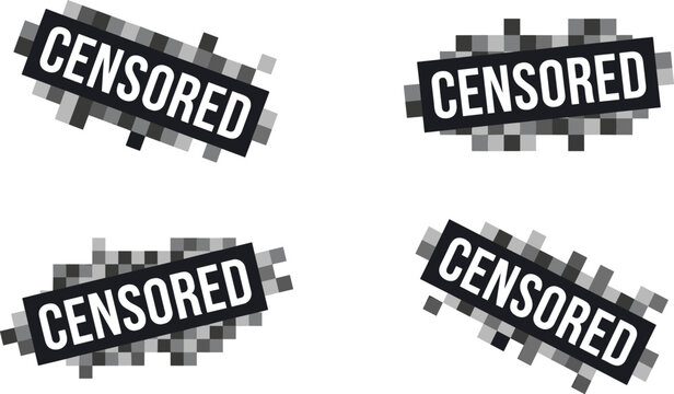 Censored Pixelated Stamp Set with Blurred Mosaic Effect and Black Warning Labels for Content Restriction Graphic Designe