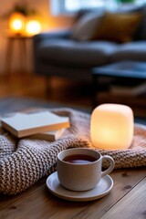 Fototapeta premium Cozy evening setup with tea, knit blanket, and blank book in living room