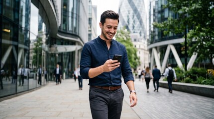 Fototapeta premium Man checking smartphone on a city street with modern buildings