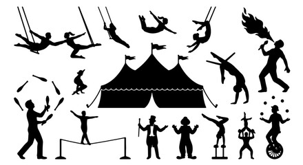 Circus Performance Silhouettes: Acrobats, Jugglers, Fire Breathers, Tightrope Walkers, Unicyclists, and Big Top Tent Vector Set © Ahsan