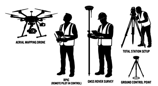 Surveying Equipment and Professionals Set: Aerial Mapping Drone, GNSS Rover Survey, Total Station Setup, Ground Control Point, Remote Pilot in Control, Vector Icons for Construction, Engineering