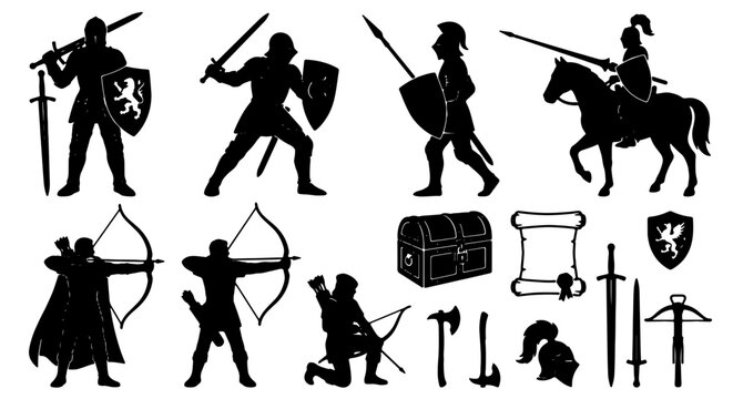 Medieval Knights and Warriors Vector Set, Silhouette Combatants, Swords, Shields, Bows, and Armor Icons for Historical Graphics