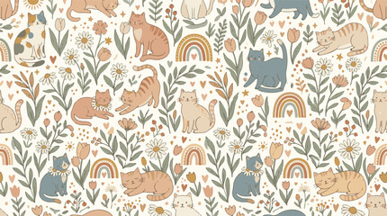 Bohemian feline seamless pattern vector, aesthetic botanical backdrop with various cartoon cats and spring wildflowers for kids textile fabric © Akhi Ayra